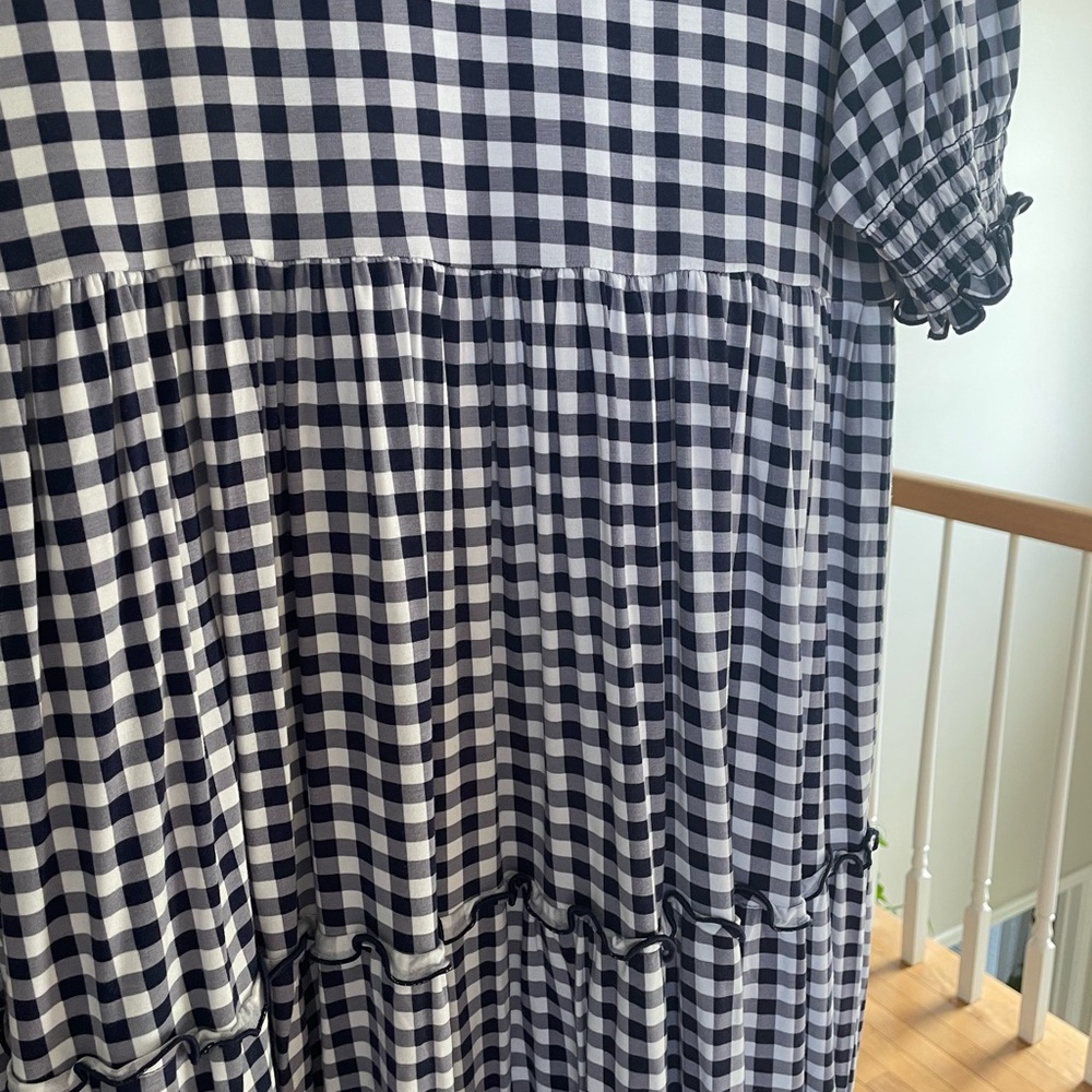 Gingham Tiered Smock Dress - Navy and White - Picture 2 of 6